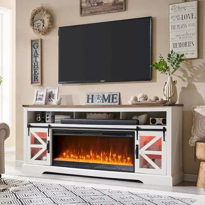 Farmhouse Fireplace TV Stand for 80 TV, Rustic Entertainment Center