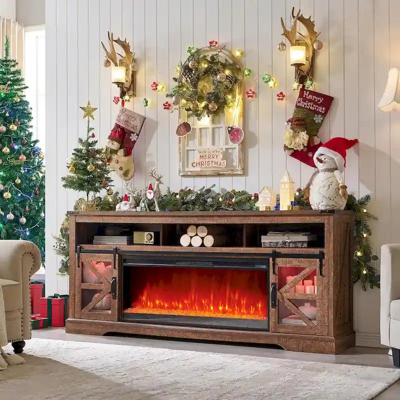 Farmhouse Fireplace TV Stand for 80 TV, Rustic Entertainment Center