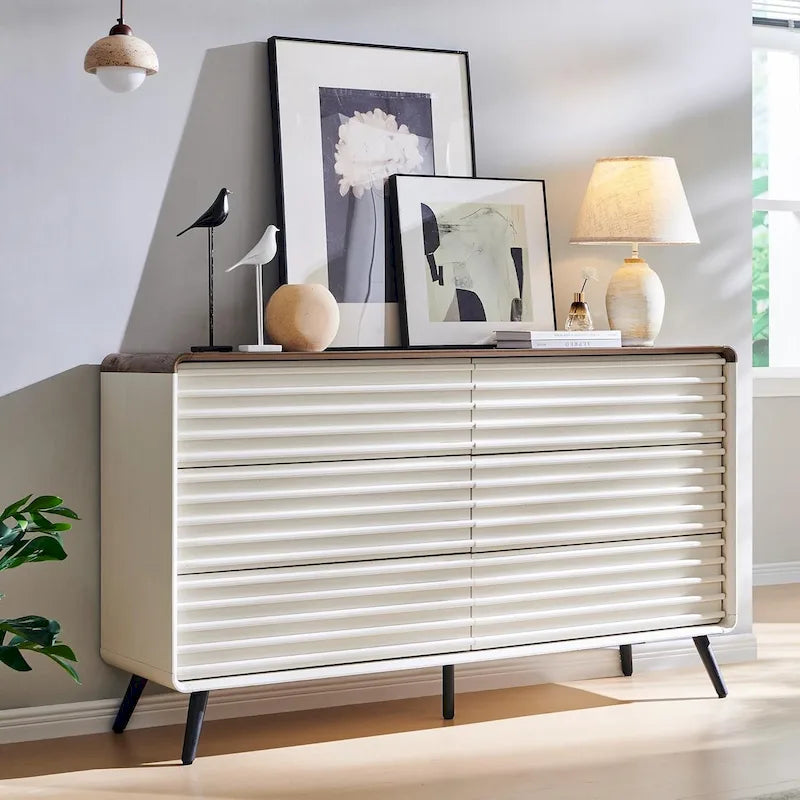 Mid Century Modern 6 Drawers Dresser, Wood Fluted Chest of Drawers