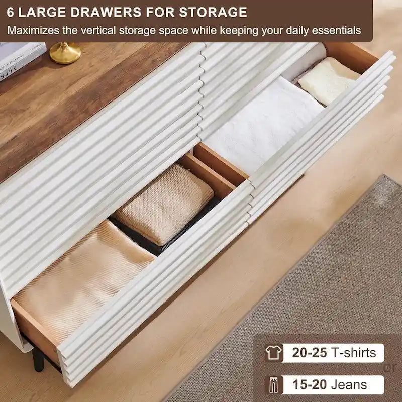 Mid Century Modern 6 Drawers Dresser, Wood Fluted Chest of Drawers