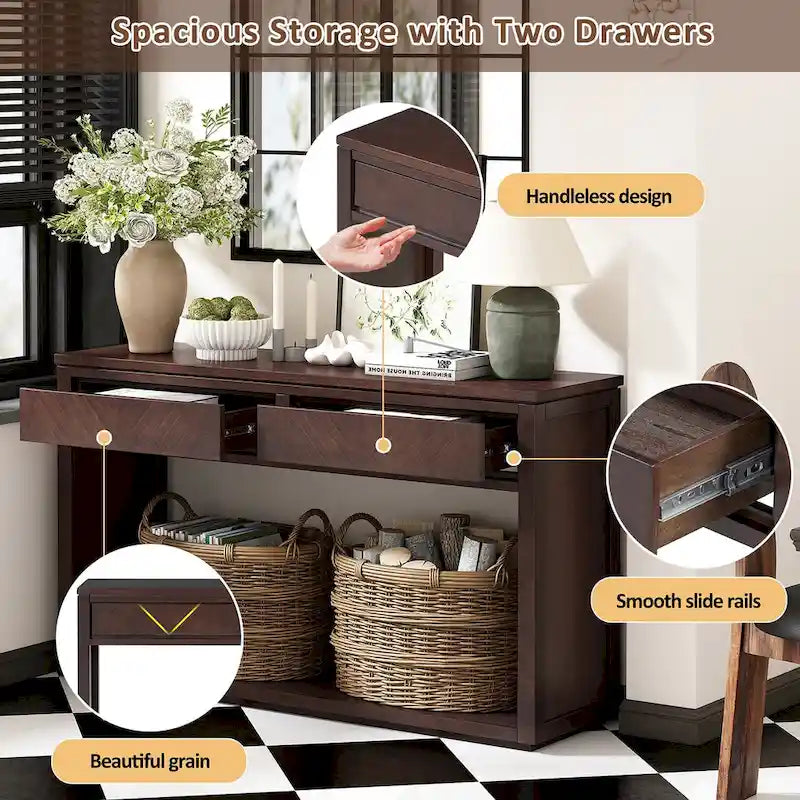 55 Rustic Console Table with Drawers and Open Shelf for Living Room