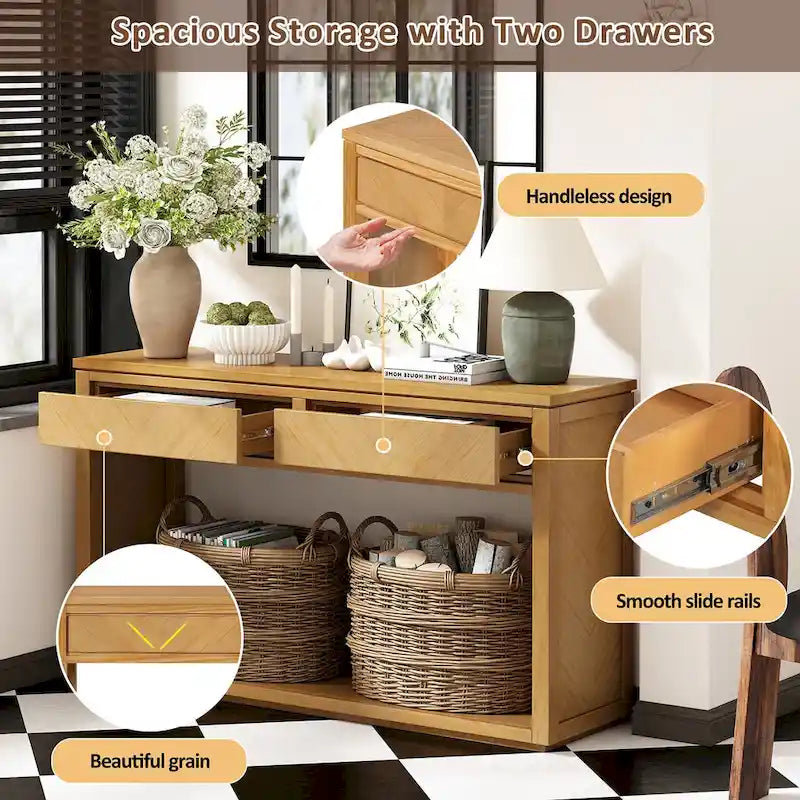 55 Rustic Console Table with Drawers and Open Shelf for Living Room