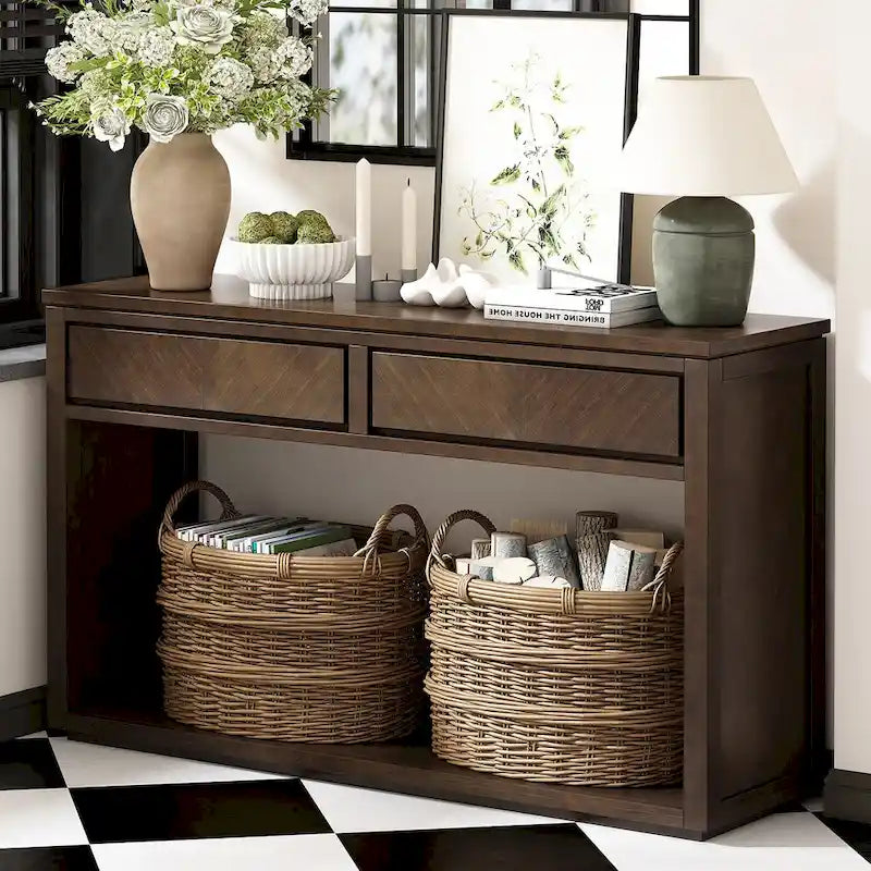 55 Rustic Console Table with Drawers and Open Shelf for Living Room