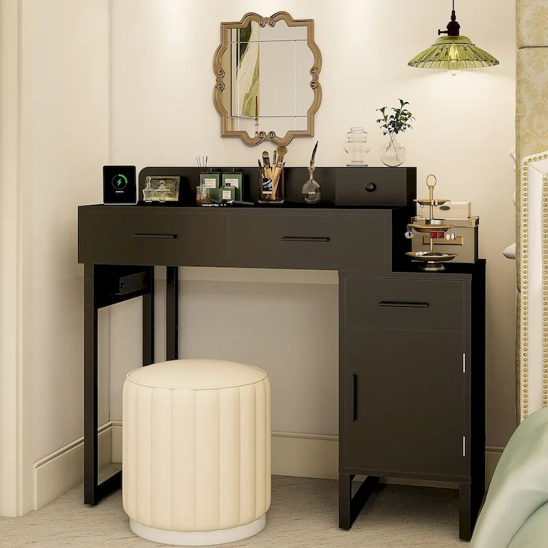 Reversible Makeup Vanity Desk With Charging Station and 4 Wooden Drawers and 1 Cabinet - N/A