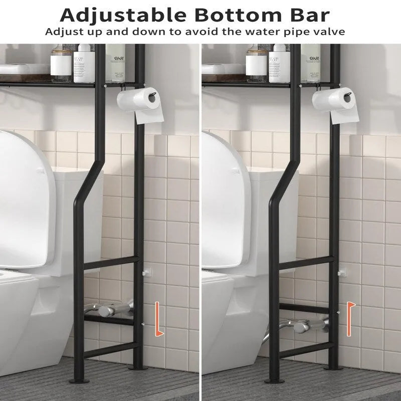 3-Tier Over The Toilet Storage, Freestanding Metal Bathroom Shelves with 4 Hooks, Over Toilet Storage Shelf with Paper Holder