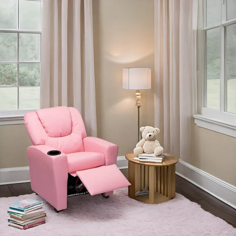 Kids Push Back Recliner Chair with Footrest and Cup Holders