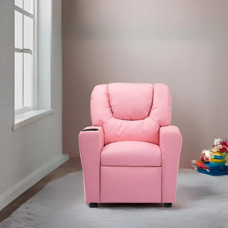 Kids Push Back Recliner Chair with Footrest and Cup Holders