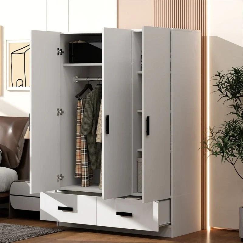 3-Door Bedroom Wardrobe Closet with Hanging Rod and 2 Storage Drawers, Solid Wood Armoire Clothes Organizer with Storage Shelves
