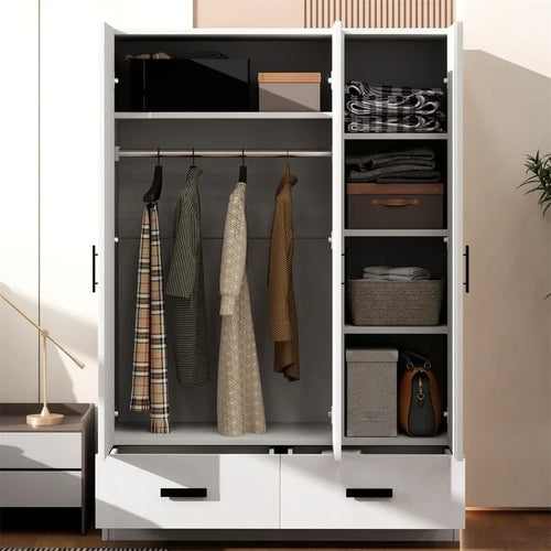 3-Door Bedroom Wardrobe Closet with Hanging Rod and 2 Storage Drawers, Solid Wood Armoire Clothes Organizer with Storage Shelves