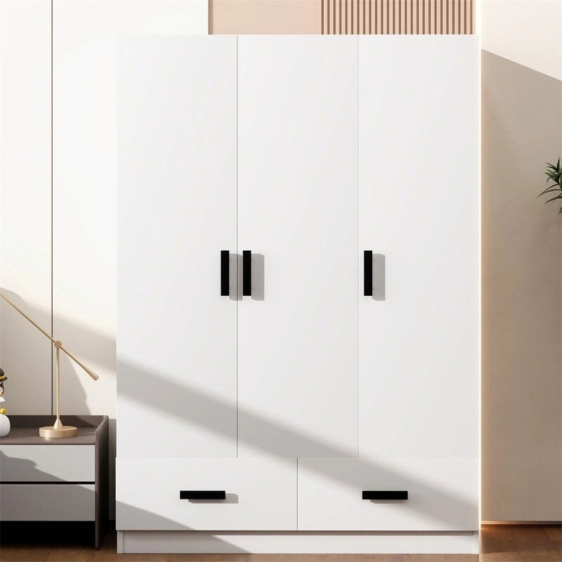 3-Door Bedroom Wardrobe Closet with Hanging Rod and 2 Storage Drawers, Solid Wood Armoire Clothes Organizer with Storage Shelves