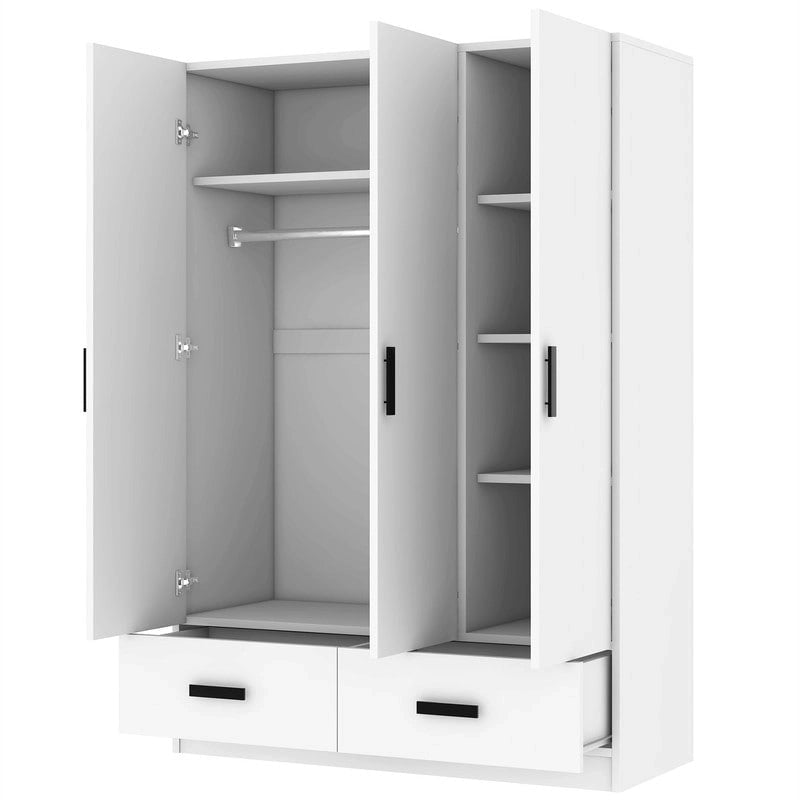 3-Door Bedroom Wardrobe Closet with Hanging Rod and 2 Storage Drawers, Solid Wood Armoire Clothes Organizer with Storage Shelves