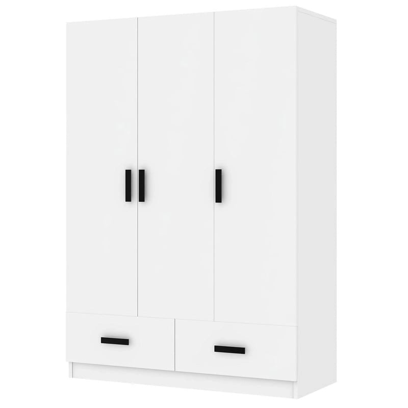 3-Door Bedroom Wardrobe Closet with Hanging Rod and 2 Storage Drawers, Solid Wood Armoire Clothes Organizer with Storage Shelves