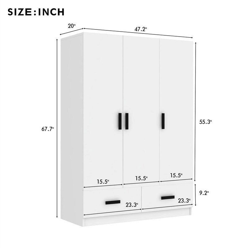 3-Door Bedroom Wardrobe Closet with Hanging Rod and 2 Storage Drawers, Solid Wood Armoire Clothes Organizer with Storage Shelves