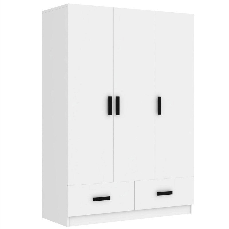 3-Door Bedroom Wardrobe Closet with Hanging Rod and 2 Storage Drawers, Solid Wood Armoire Clothes Organizer with Storage Shelves