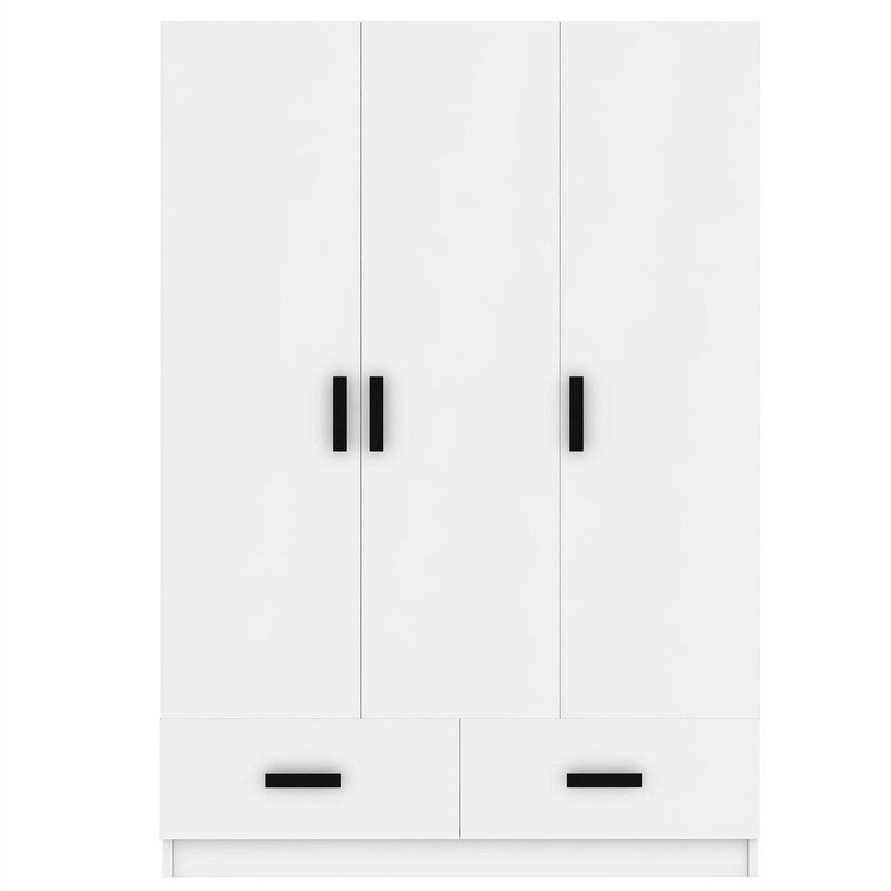 3-Door Bedroom Wardrobe Closet with Hanging Rod and 2 Storage Drawers, Solid Wood Armoire Clothes Organizer with Storage Shelves