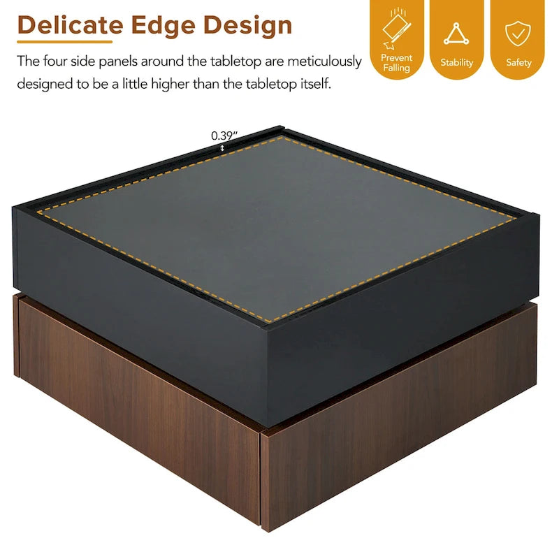 Multifunctional Square 360 Rotating Coffee Table 2-Tier Center Table with 2 Drawers and Rotating Tabletop, for Living Room