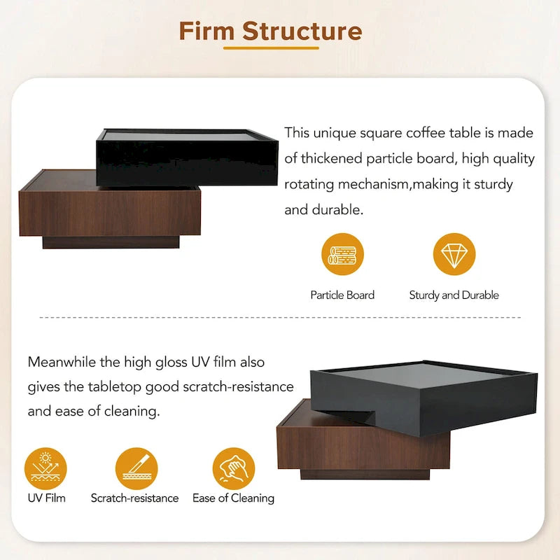 Multifunctional Square 360 Rotating Coffee Table 2-Tier Center Table with 2 Drawers and Rotating Tabletop, for Living Room
