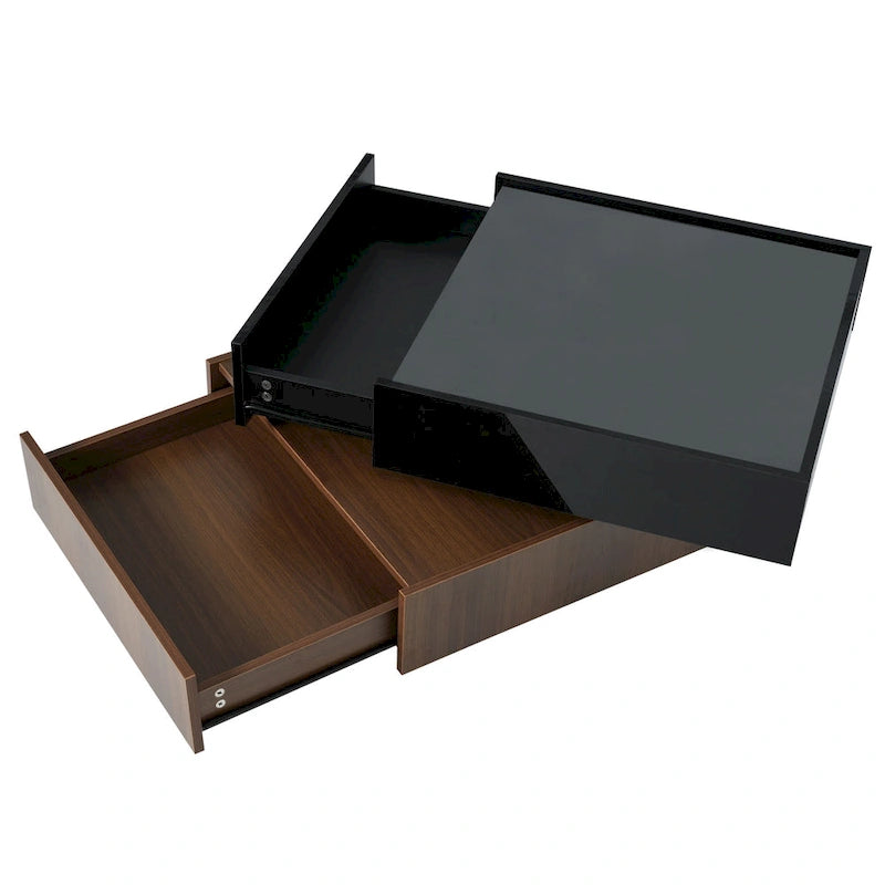 Multifunctional Square 360 Rotating Coffee Table 2-Tier Center Table with 2 Drawers and Rotating Tabletop, for Living Room