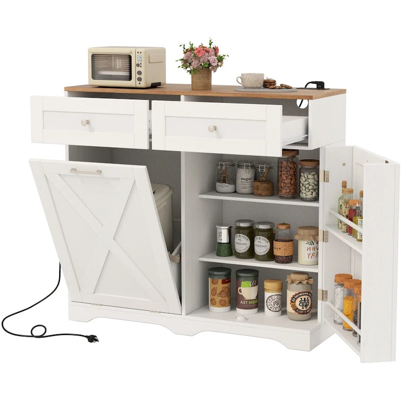 Gymax Tilt Out Trash Can Cabinet w/ Outlets 2 Drawers Adjustable Shelf