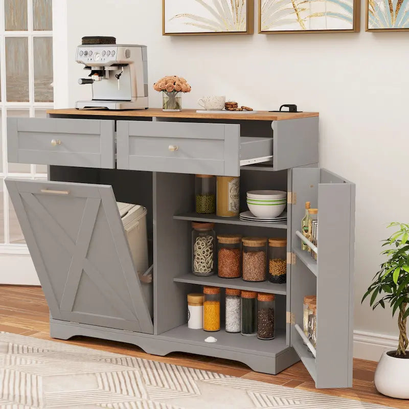 Gymax Tilt Out Trash Can Cabinet w/ Outlets 2 Drawers Adjustable Shelf