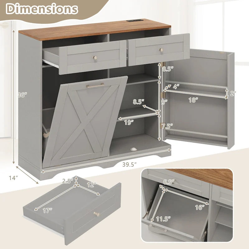 Gymax Tilt Out Trash Can Cabinet w/ Outlets 2 Drawers Adjustable Shelf