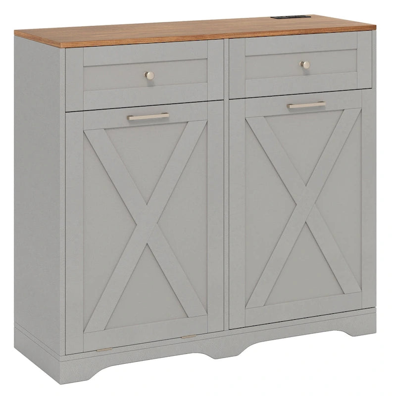 Gymax Tilt Out Trash Can Cabinet w/ Outlets 2 Drawers Adjustable Shelf