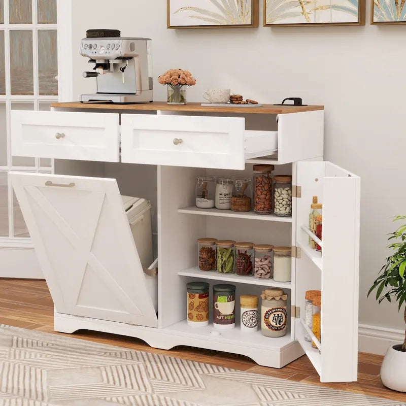 Gymax Tilt Out Trash Can Cabinet w/ Outlets 2 Drawers Adjustable Shelf