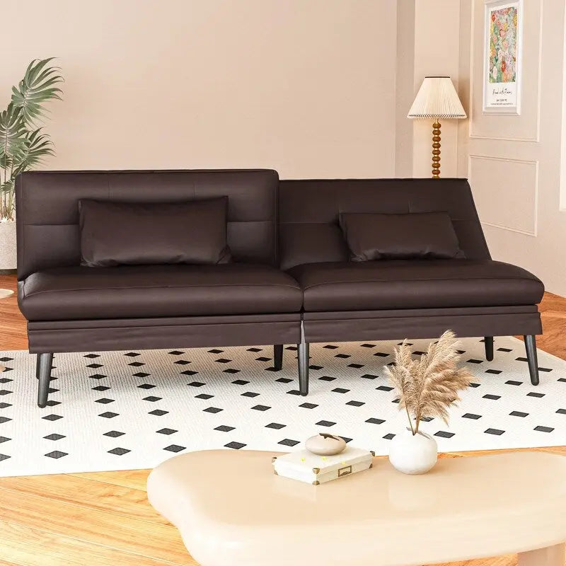 Grondin Convertible Futon Sofa Bed, 5-Angle Adjustable Backrest Sleeper Couch with 2 Pillows, Modern Style Recliner Lounge