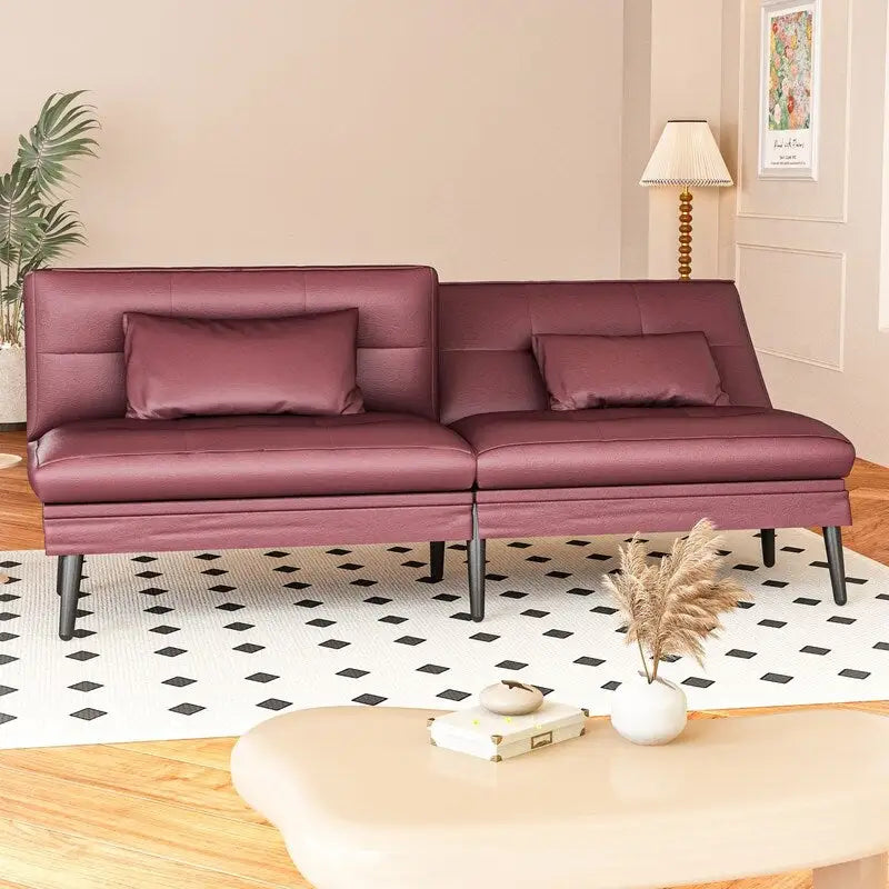 Grondin Convertible Futon Sofa Bed, 5-Angle Adjustable Backrest Sleeper Couch with 2 Pillows, Modern Style Recliner Lounge