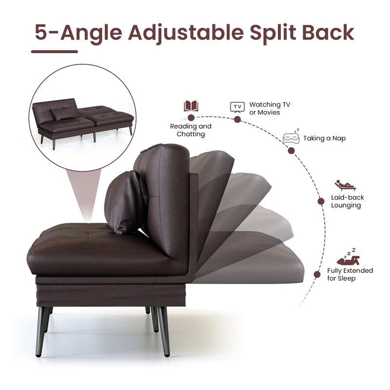 Grondin Convertible Futon Sofa Bed, 5-Angle Adjustable Backrest Sleeper Couch with 2 Pillows, Modern Style Recliner Lounge