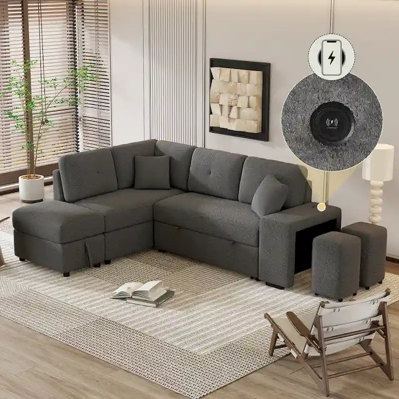 Roomfitters Convertible Sleeper Sectional Sofa Bed with Storage Ottoman, Two Throw Pillows, Two Stools, Wireless Charger