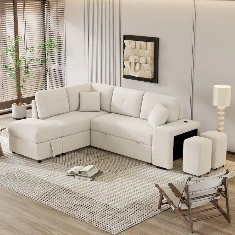 Roomfitters Convertible Sleeper Sectional Sofa Bed with Storage Ottoman, Two Throw Pillows, Two Stools, Wireless Charger