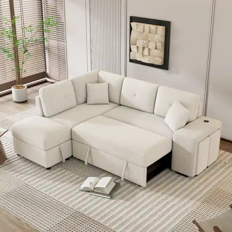 Roomfitters Convertible Sleeper Sectional Sofa Bed with Storage Ottoman, Two Throw Pillows, Two Stools, Wireless Charger