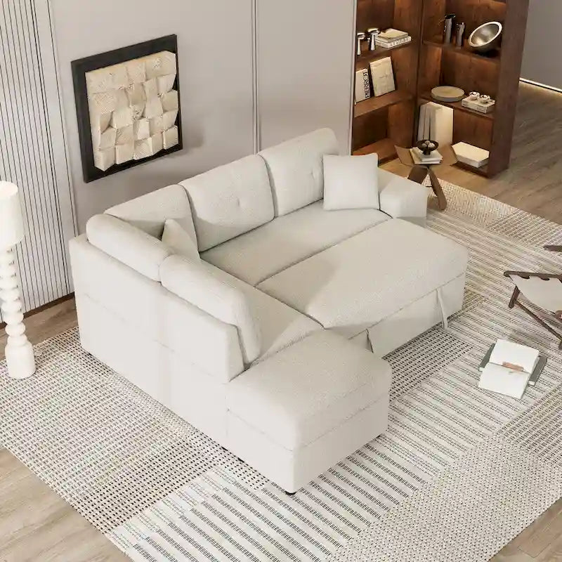 Roomfitters Convertible Sleeper Sectional Sofa Bed with Storage Ottoman, Two Throw Pillows, Two Stools, Wireless Charger