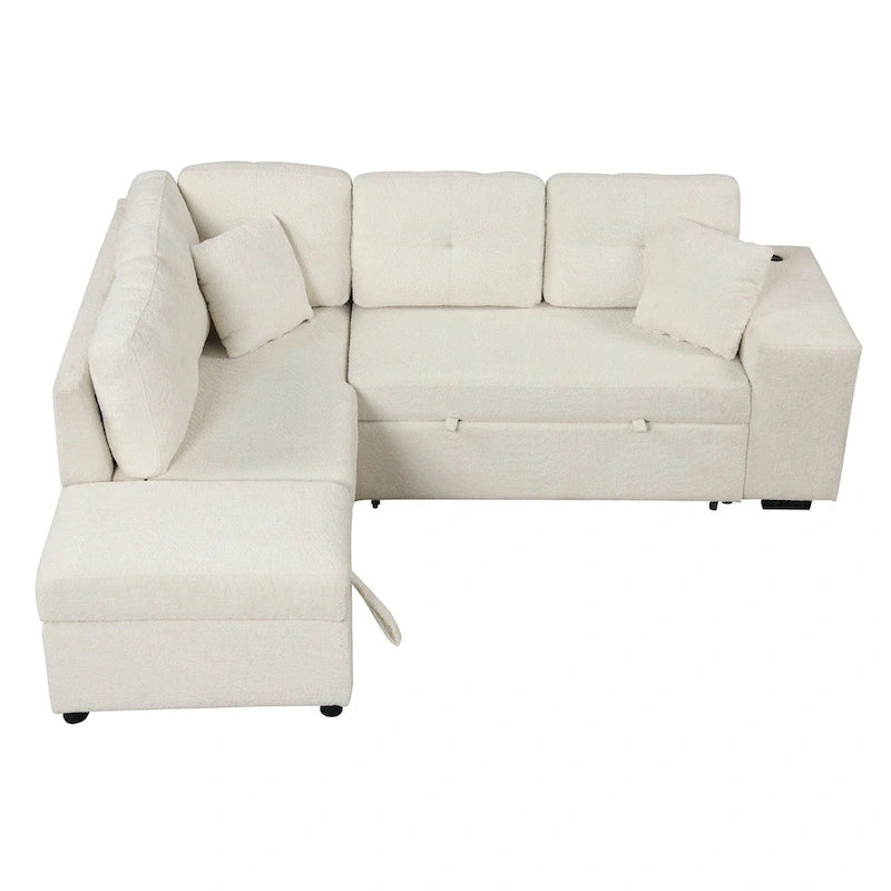 Roomfitters Convertible Sleeper Sectional Sofa Bed with Storage Ottoman, Two Throw Pillows, Two Stools, Wireless Charger