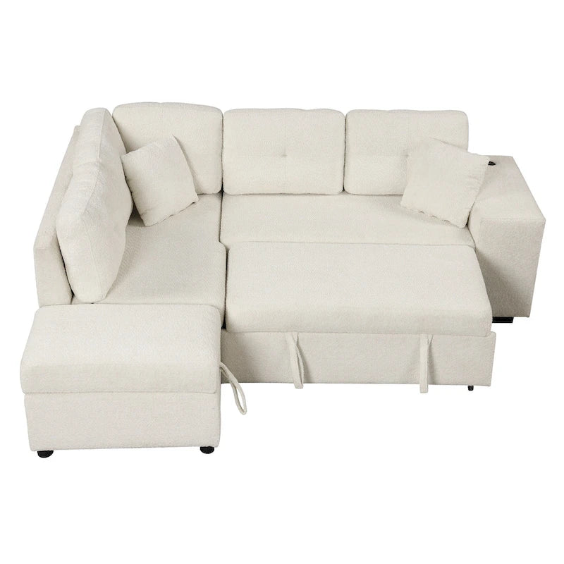 Roomfitters Convertible Sleeper Sectional Sofa Bed with Storage Ottoman, Two Throw Pillows, Two Stools, Wireless Charger