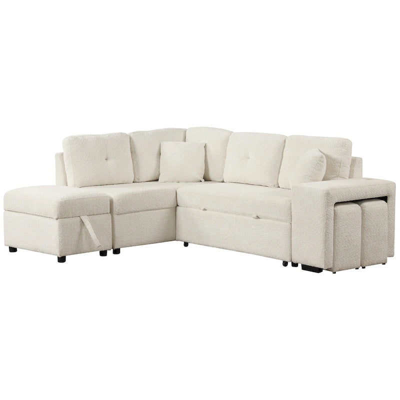 Roomfitters Convertible Sleeper Sectional Sofa Bed with Storage Ottoman, Two Throw Pillows, Two Stools, Wireless Charger