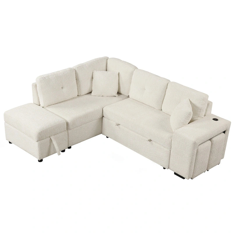 Roomfitters Convertible Sleeper Sectional Sofa Bed with Storage Ottoman, Two Throw Pillows, Two Stools, Wireless Charger