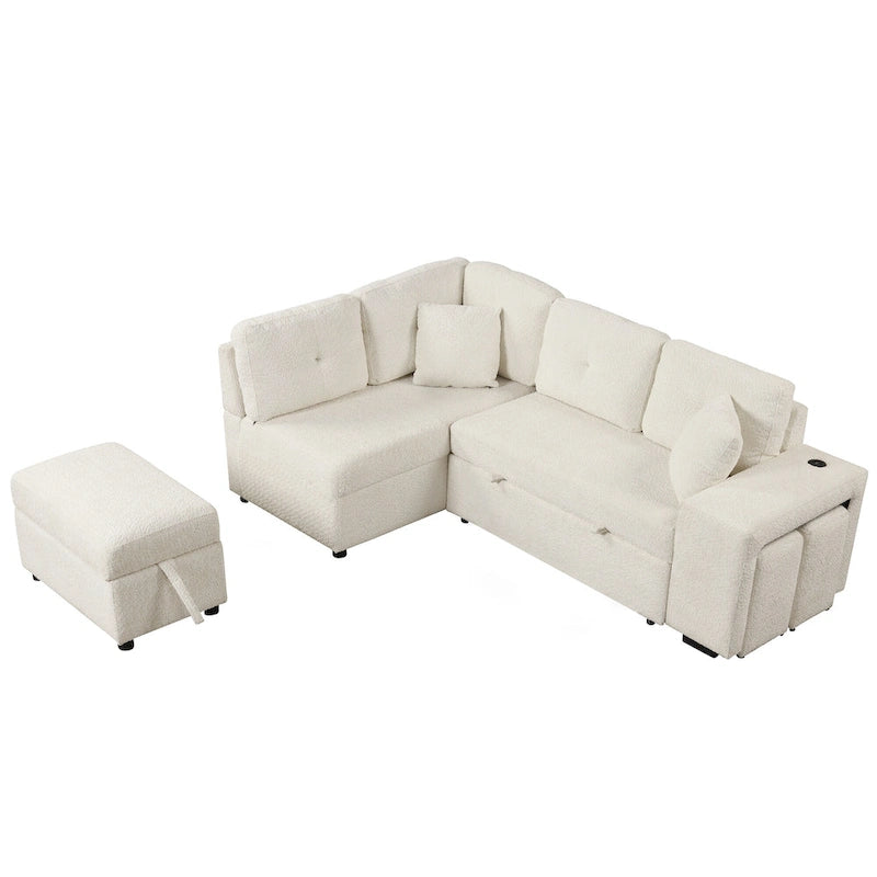 Roomfitters Convertible Sleeper Sectional Sofa Bed with Storage Ottoman, Two Throw Pillows, Two Stools, Wireless Charger