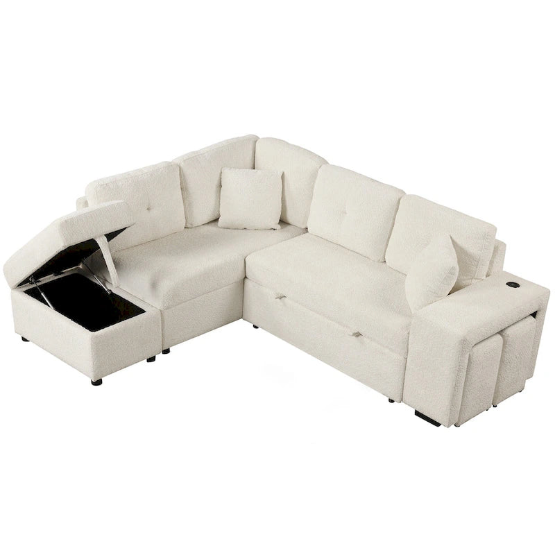 Roomfitters Convertible Sleeper Sectional Sofa Bed with Storage Ottoman, Two Throw Pillows, Two Stools, Wireless Charger