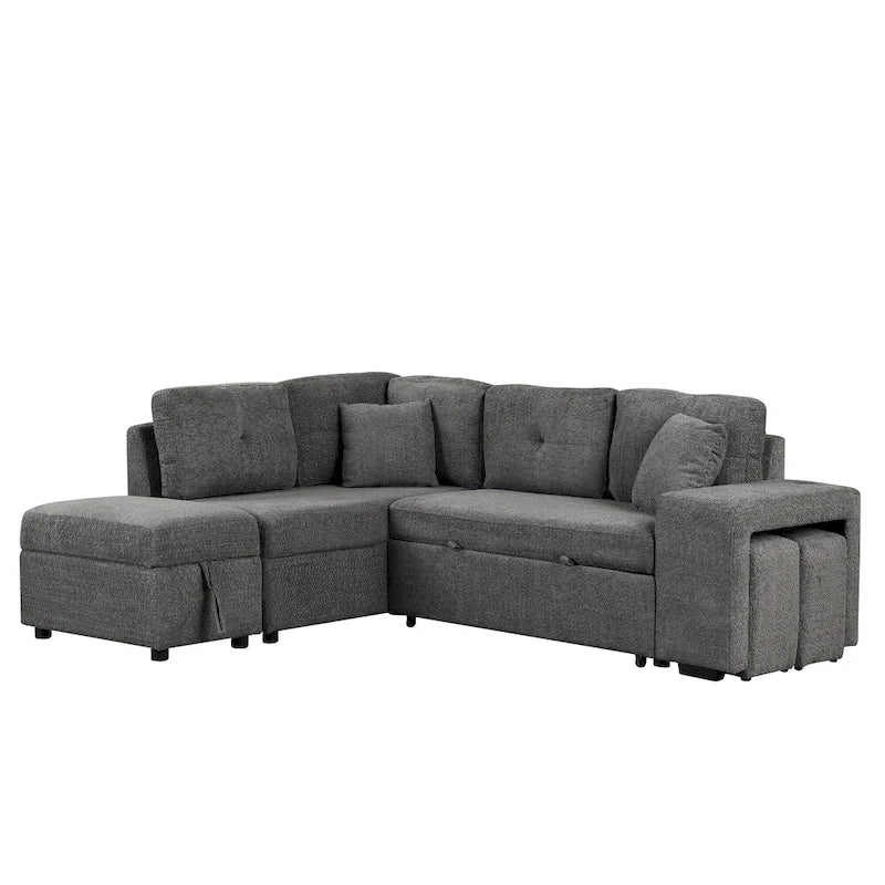 Roomfitters Convertible Sleeper Sectional Sofa Bed with Storage Ottoman, Two Throw Pillows, Two Stools, Wireless Charger