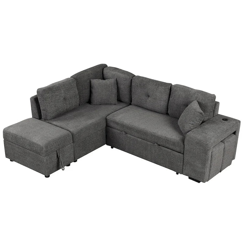 Roomfitters Convertible Sleeper Sectional Sofa Bed with Storage Ottoman, Two Throw Pillows, Two Stools, Wireless Charger