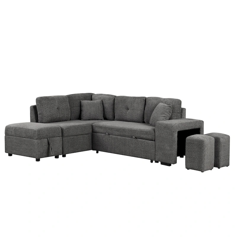 Roomfitters Convertible Sleeper Sectional Sofa Bed with Storage Ottoman, Two Throw Pillows, Two Stools, Wireless Charger