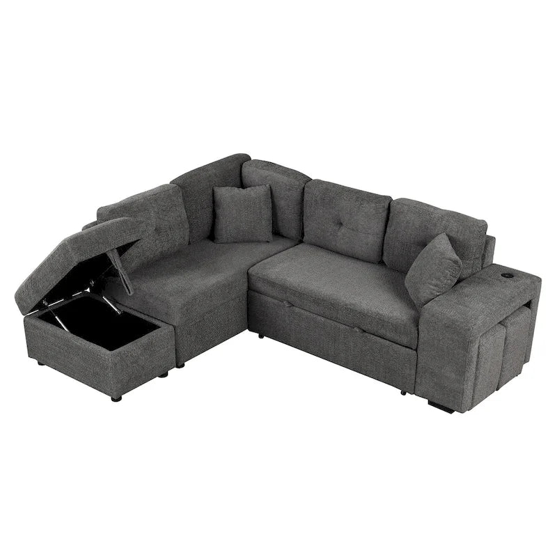 Roomfitters Convertible Sleeper Sectional Sofa Bed with Storage Ottoman, Two Throw Pillows, Two Stools, Wireless Charger
