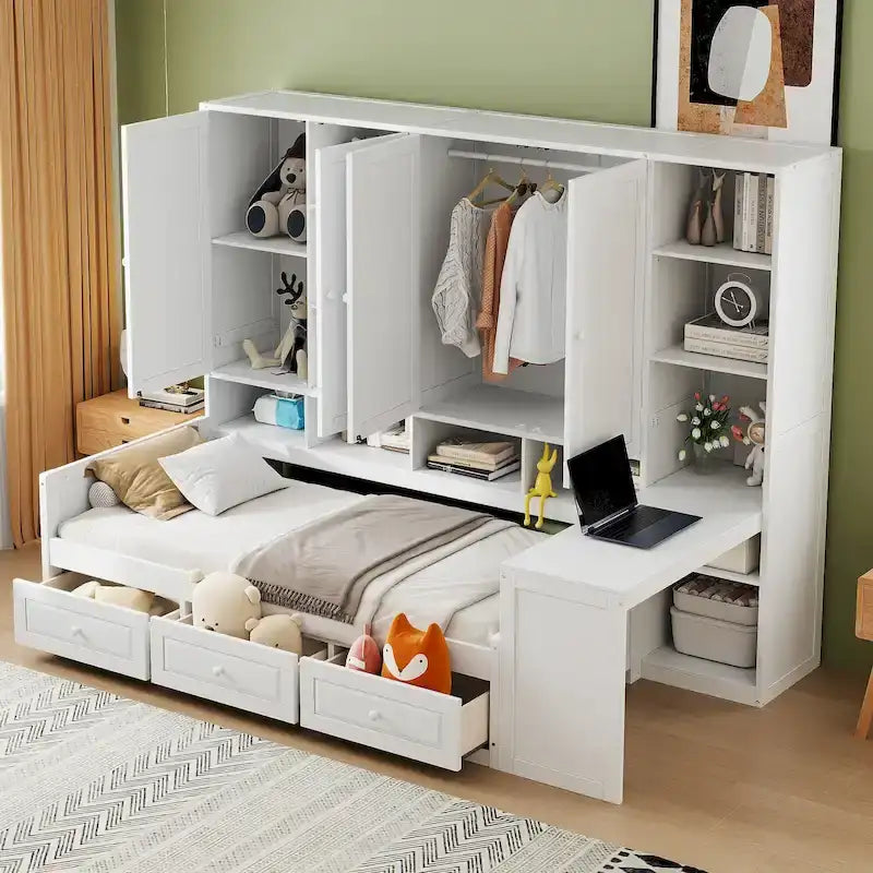Wooden Daybed Frame All-in-One Bookcase Captains Bed with Storage Cabinet, Wardrobe, Side Writing Desk and 3 Bottom Drawers
