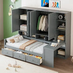 Wooden Daybed Frame All-in-One Bookcase Captains Bed with Storage Cabinet, Wardrobe, Side Writing Desk and 3 Bottom Drawers