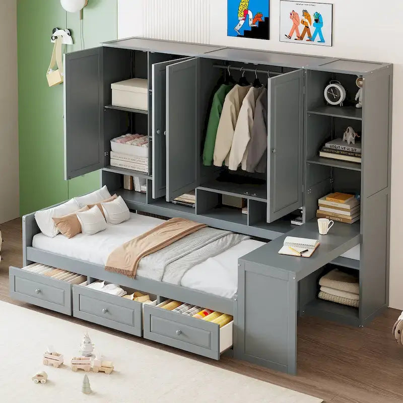 Wooden Daybed Frame All-in-One Bookcase Captains Bed with Storage Cabinet, Wardrobe, Side Writing Desk and 3 Bottom Drawers
