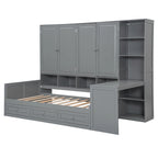 Wooden Daybed Frame All-in-One Bookcase Captains Bed with Storage Cabinet, Wardrobe, Side Writing Desk and 3 Bottom Drawers