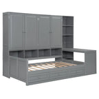 Wooden Daybed Frame All-in-One Bookcase Captains Bed with Storage Cabinet, Wardrobe, Side Writing Desk and 3 Bottom Drawers