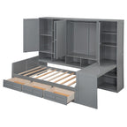 Wooden Daybed Frame All-in-One Bookcase Captains Bed with Storage Cabinet, Wardrobe, Side Writing Desk and 3 Bottom Drawers